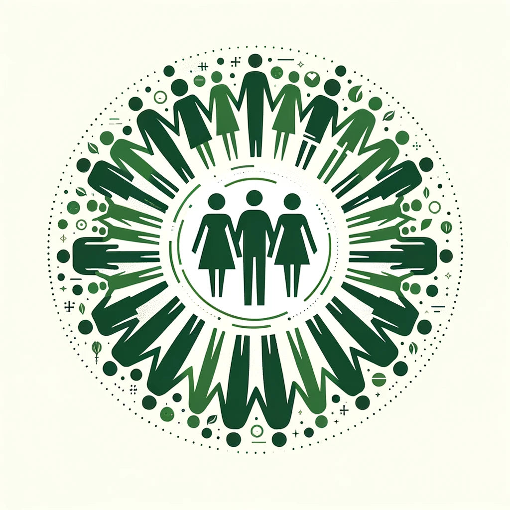 2D image of people standing in a circle around three other people to represent community.