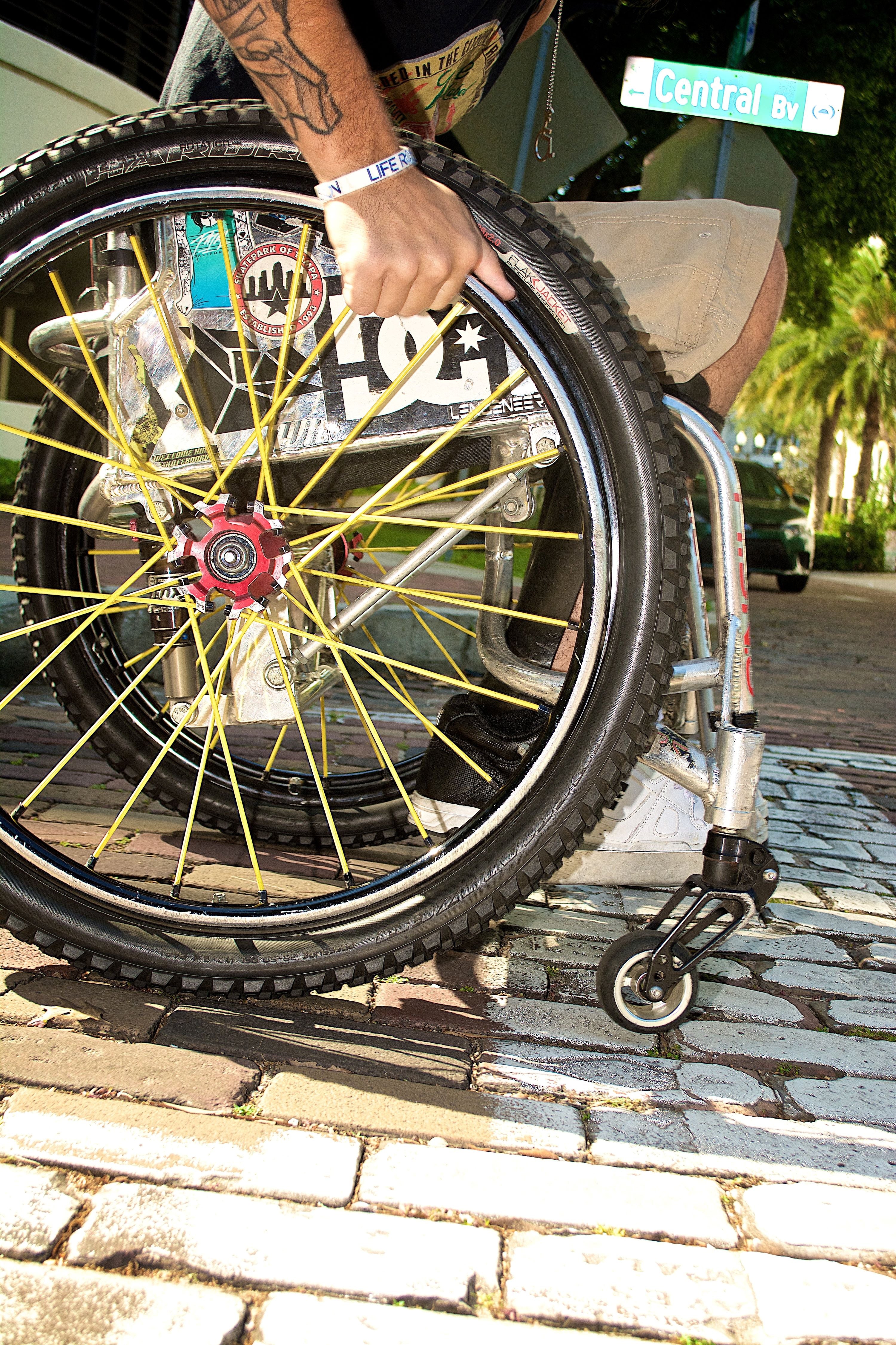 up-close of treaded wheel on wheelchair.